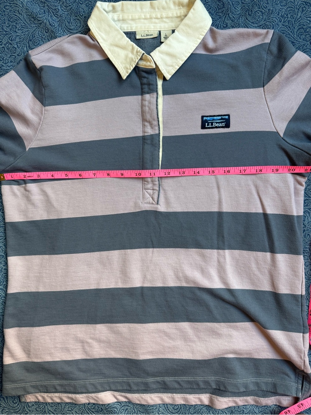 L.L. Bean Striped Rugby Polo Shirt Lavender Blue Katahdin Logo | Size L - Picture 7 of 9
